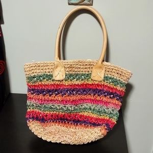 Multicolor Straw Purse Bag Zip Top 1980s Striped Rainbow